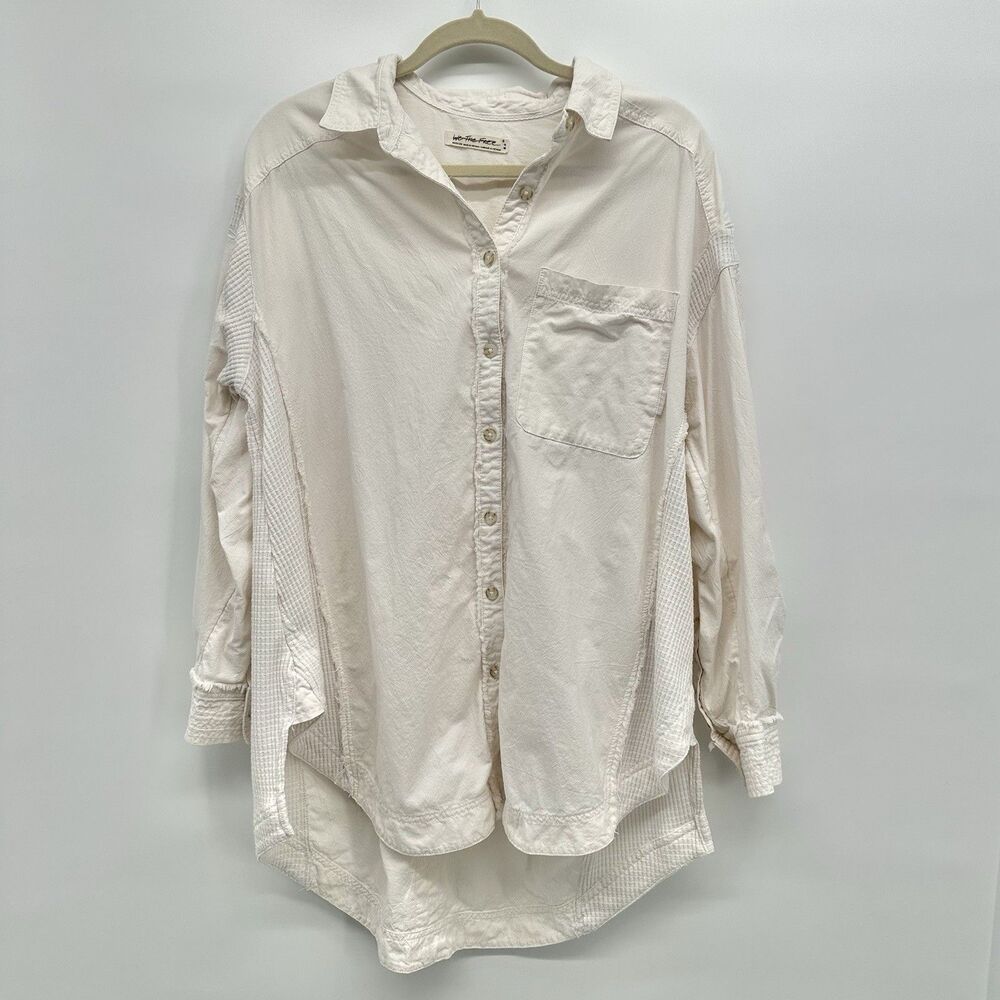 We The Free People All Day Waffle Shirt M Ivory Button Up Oversized Cotton